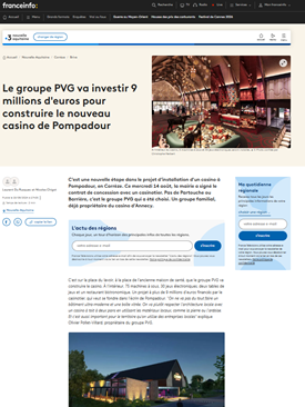 FRANCE INFO : Le groupe PVG va investir 9 millions d'euros pour construire le nouveau casino de Pompadour